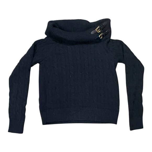 Lauren Ralph Lauren Black Cable Knit Cowl Neck Turtleneck Sweater Gold Buckle SP - Picture 1 of 6